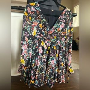 Black Floral Long Sleeve Mini Ruffled Party Dress